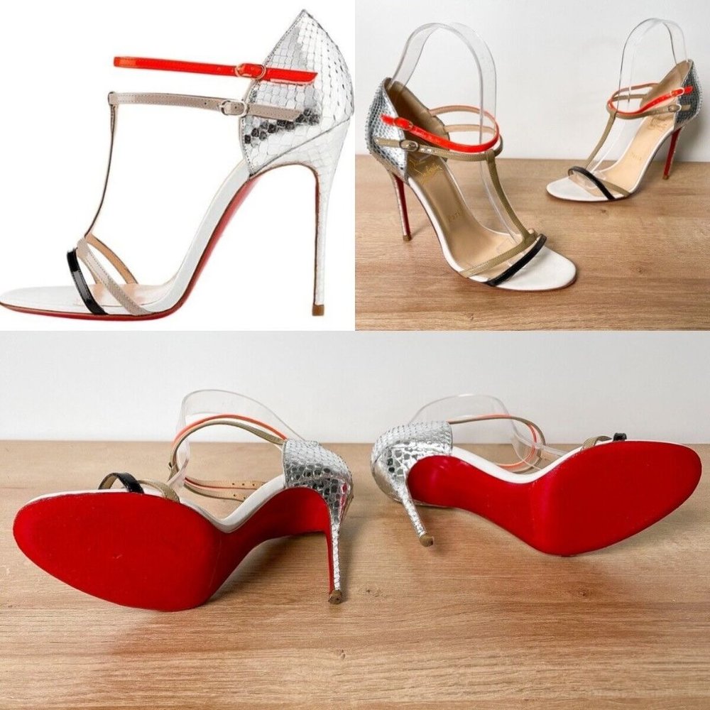 Luxury Red Sole Silver T-Strap Stiletto Sandals - Silver/Red